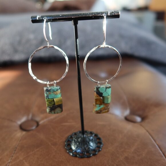 Turquoise and hammered sterling silver earrings by Dana Reed Designs 2.75" drop - Picture 1 of 13